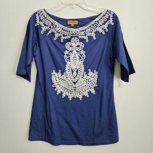 Roberta Freymann Ribbon Embroidered Pullover Tunic Top Sz S Anchor Design